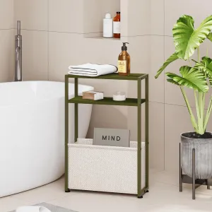 Narrow Side Table, Slim End Tables with Fabric Basket, Skinny Table for Small Spaces, Thin Bedside Table for Living Room, Bedroom (1, Forest Green   Camel Brown)