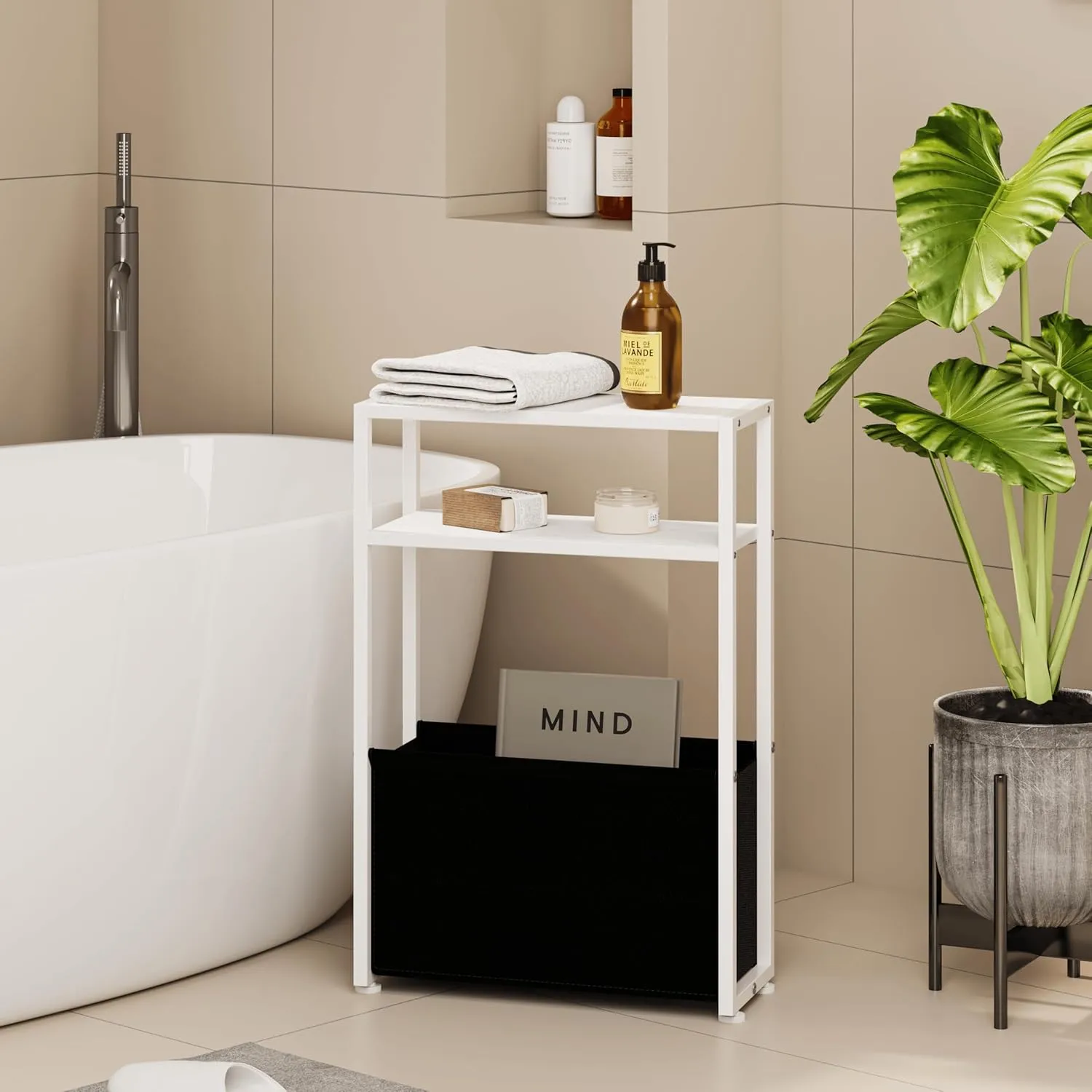 Narrow Side Table, Slim End Tables with Fabric Basket, Skinny Table for Small Spaces, Thin Bedside Table for Living Room, Bedroom, White, ZBZ01