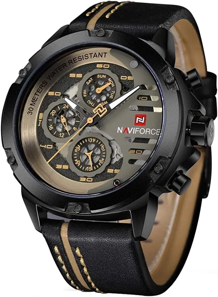 NAVIFORCE Sport Military Watches for Men Waterproof Watch Analog Quartz Leather Band Date Calendar Clock Wristwatch (Black Yellow Brown)
