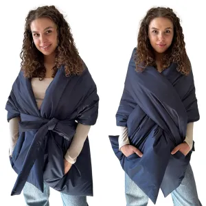 Navy Long Cape Lagre Wide Scarf Puffer 20x80 inch with 2 pocket and Belt. Cape around shoulders wrap. Winter quilted shawl. Warm padded scarf. Down puffy scarves.