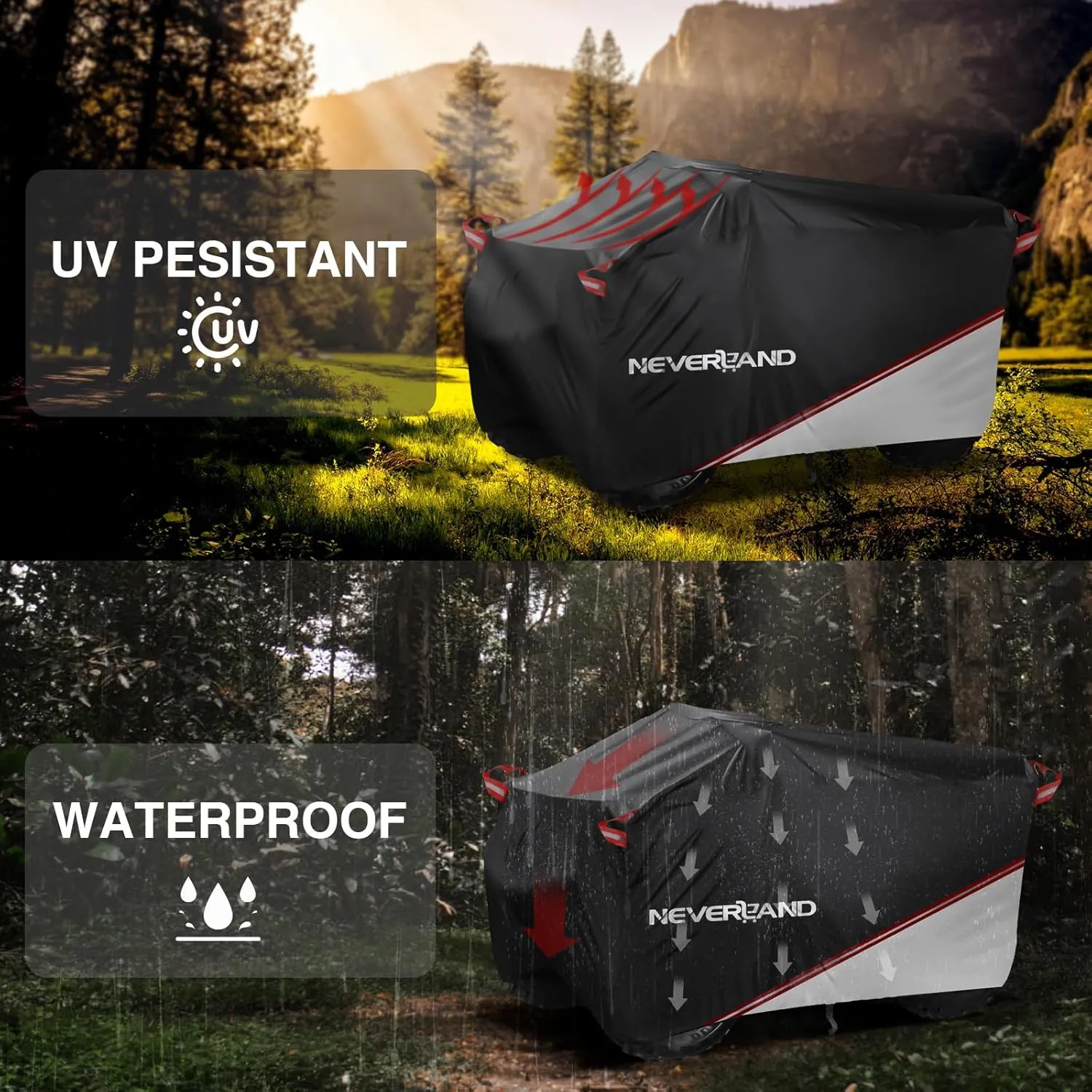 NEVERLAND Waterproof ATV Cover, Outdoor Heavy Duty Quad Cover Tear-Resistant 4 Wheeler Covers All Weather UV Protection for Polaris Sportsman Yamaha Honda Quad Bike (Silver & Black XXXL)