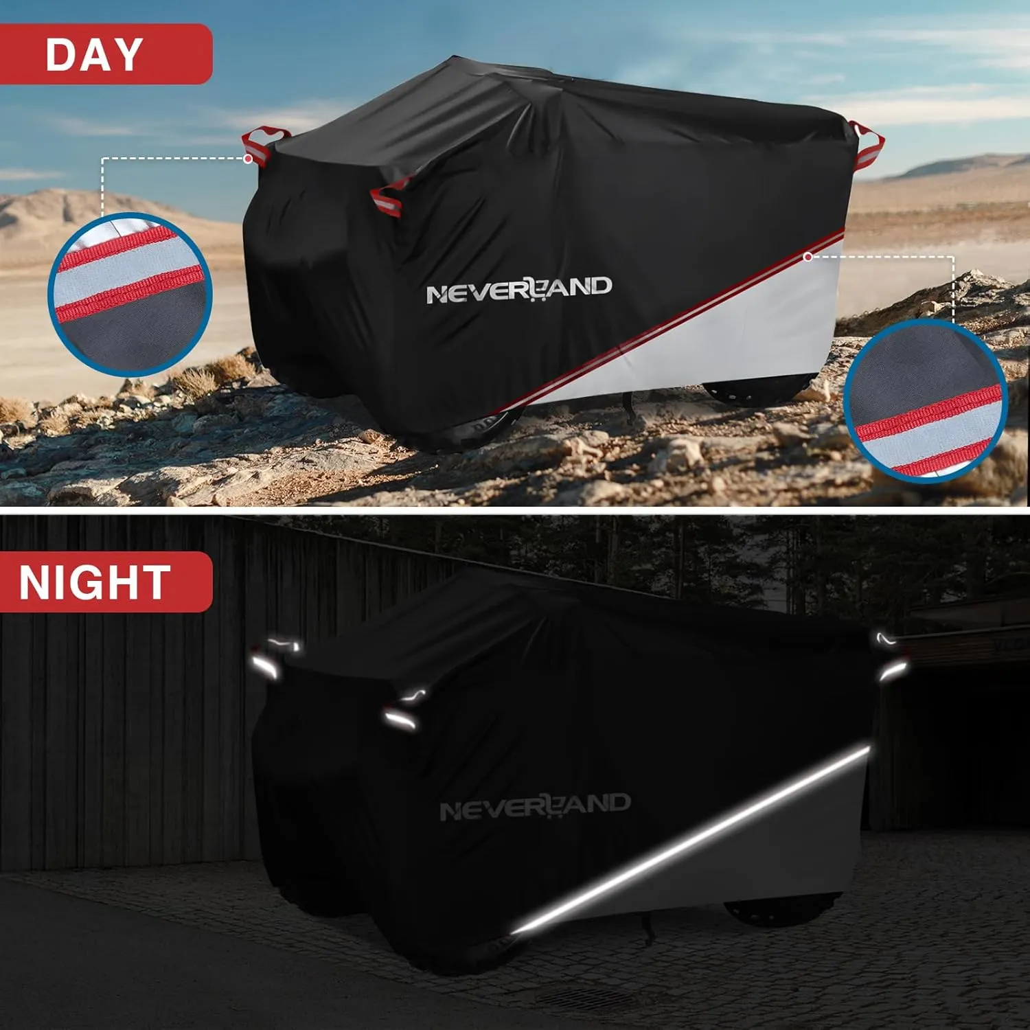 NEVERLAND Waterproof ATV Cover, Outdoor Heavy Duty Quad Cover Tear-Resistant 4 Wheeler Covers All Weather UV Protection for Polaris Sportsman Yamaha Honda Quad Bike (Silver & Black XXXL)
