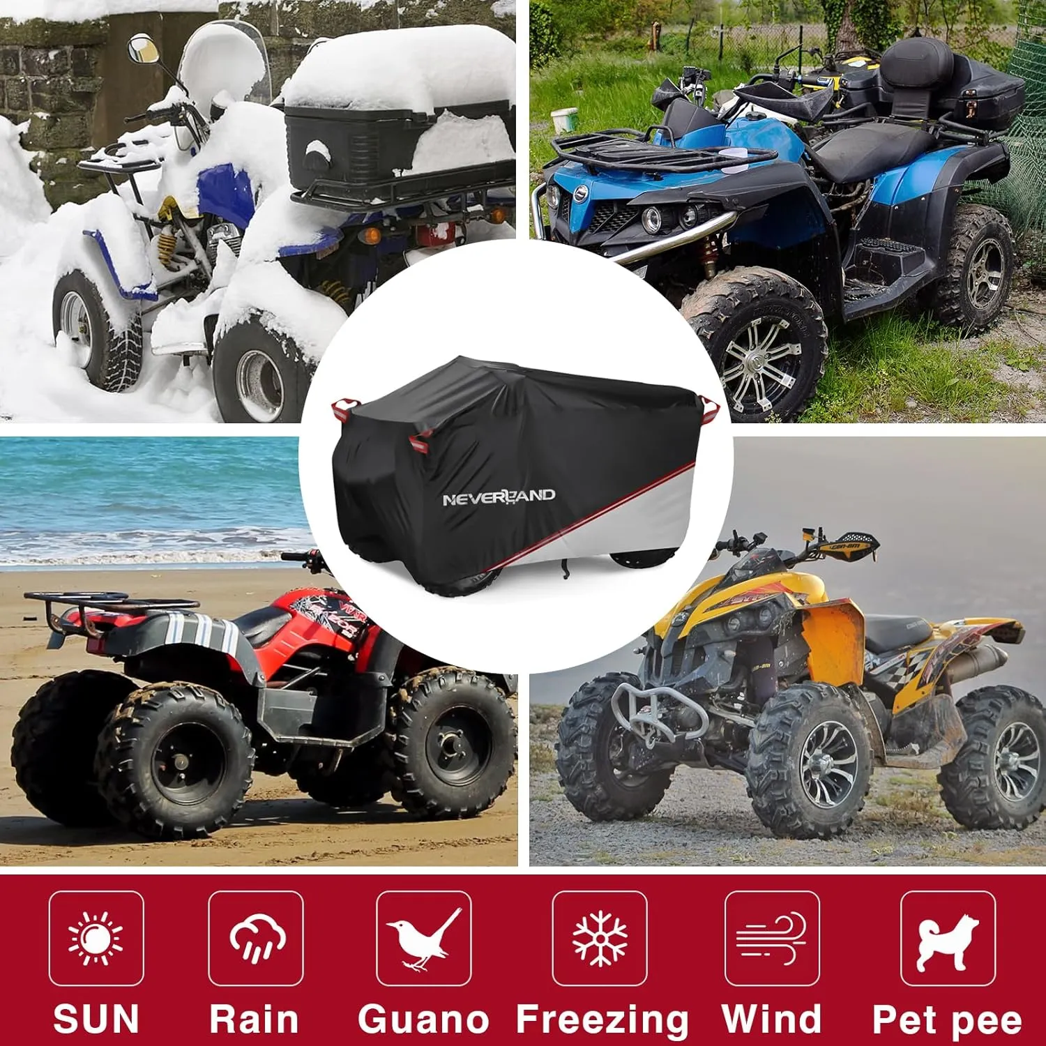 NEVERLAND Waterproof ATV Cover, Outdoor Heavy Duty Quad Cover Tear-Resistant 4 Wheeler Covers All Weather UV Protection for Polaris Sportsman Yamaha Honda Quad Bike (Silver & Black XXXL)