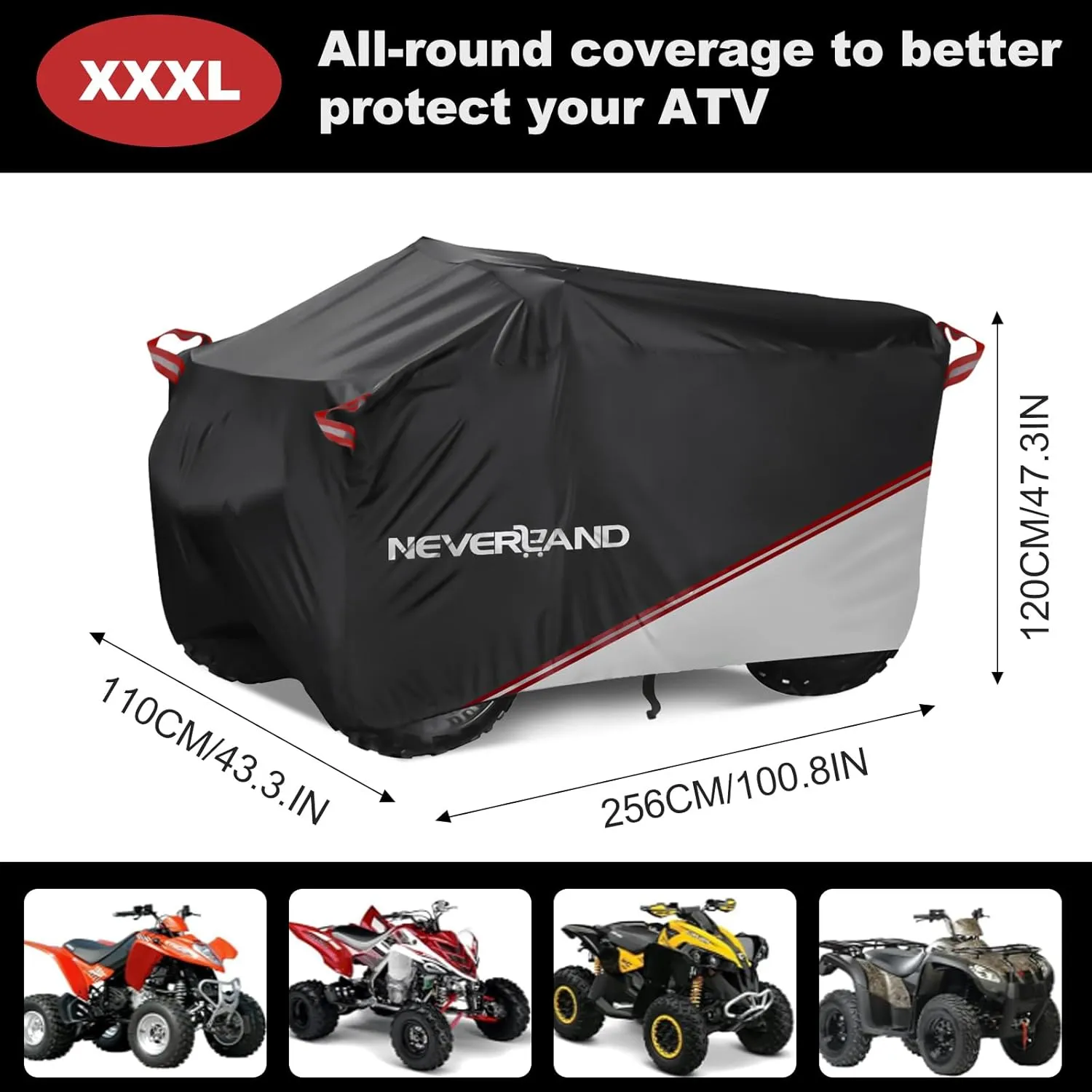 NEVERLAND Waterproof ATV Cover, Outdoor Heavy Duty Quad Cover Tear-Resistant 4 Wheeler Covers All Weather UV Protection for Polaris Sportsman Yamaha Honda Quad Bike (Silver & Black XXXL)