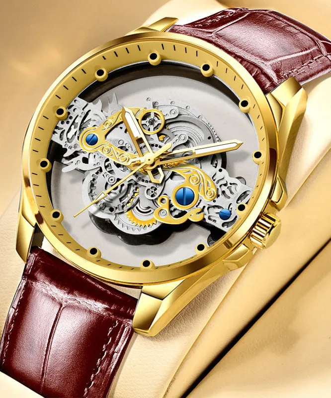 New Gold Stainless Steel Hollow Out Fully Automatic Mechanical Waterproof Watch