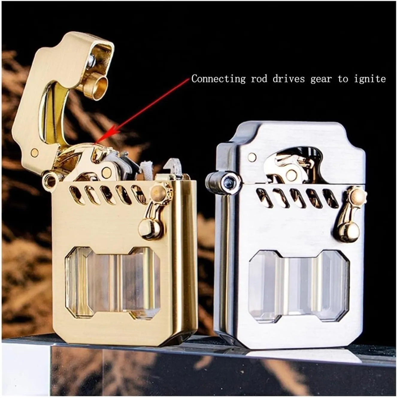 Old-Fashioned Kerosene Lighter, Rocker Link Drive Gear Ignition Lighter, replenishable Kerosene Lighter, with Fuel Observation Window, Suitable for Outdoor use and Travel(Metallic)
