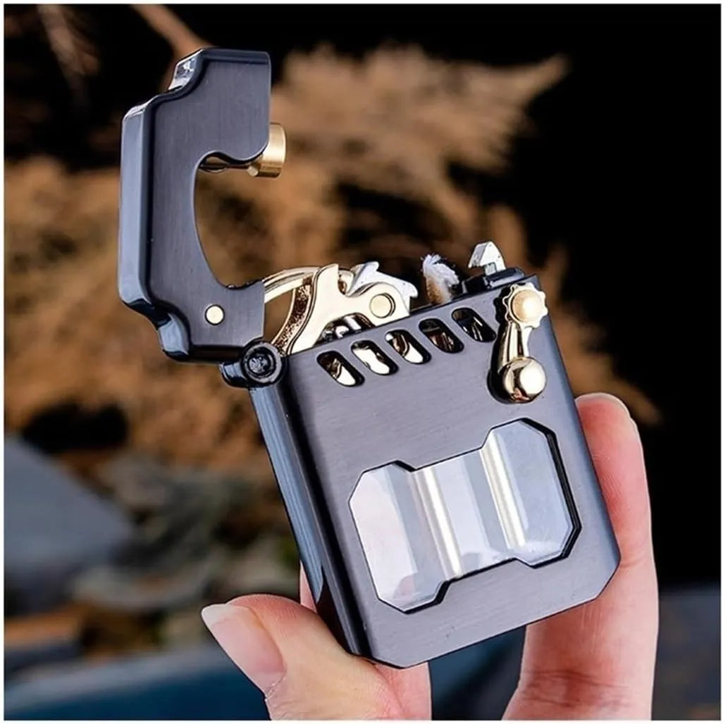 Old-fashioned metal kerosene lighter, refillable kerosene lighter, rocker link drive gear ignition lighter, with fuel observation window, suitable for wilderness, travel, camping (excluding fuel)(Gold