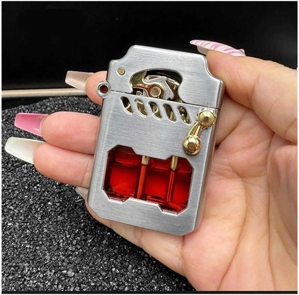 Old-fashioned metal kerosene lighter, refillable kerosene lighter, rocker link drive gear ignition lighter, with fuel observation window, suitable for wilderness, travel, camping (excluding fuel)(Gold