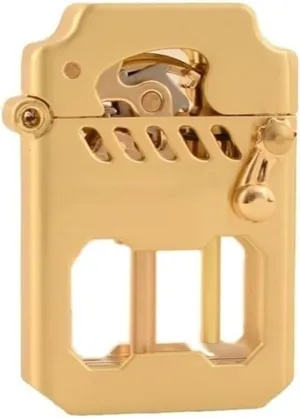 Old-fashioned metal kerosene lighter, refillable kerosene lighter, rocker link drive gear ignition lighter, with fuel observation window, suitable for wilderness, travel, camping (excluding fuel)(Gold