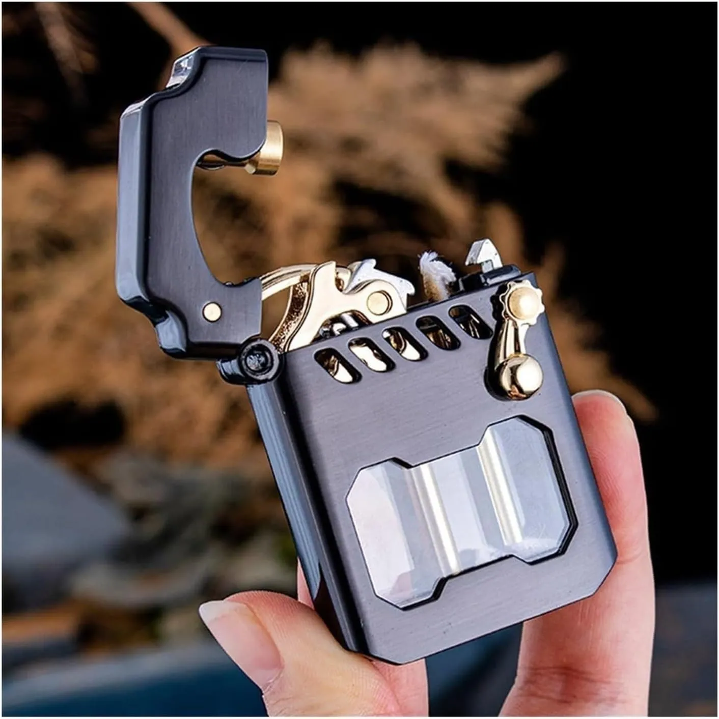 Old-fashioned metal kerosene lighter with fuel observation window, refillable kerosene lighter, rocker link drive gear ignition lighter, suitable for wilderness, travel, camping (fuel not included)(Br