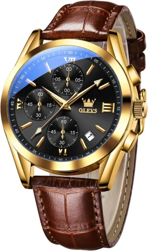 OLEVS Men's Casual Leather Watch, Big Face Chronograph Watch for Men, Fashion Easy to Read Dress Watch, Men's Waterproof Luminous Date Analog Watch, Gold/Black/White/Blue Dial