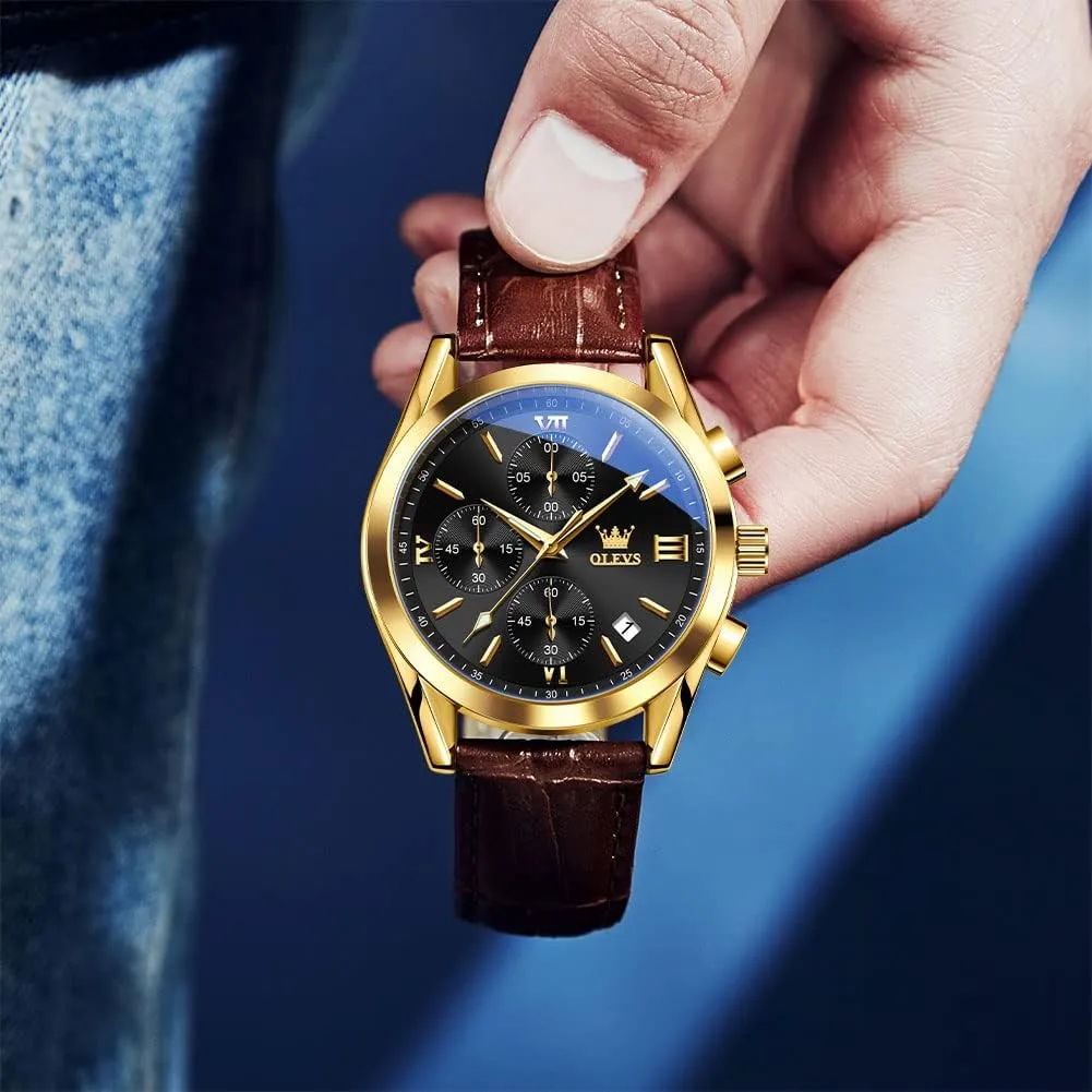 OLEVS Men's Casual Leather Watch, Big Face Chronograph Watch for Men, Fashion Easy to Read Dress Watch, Men's Waterproof Luminous Date Analog Watch, Gold/Black/White/Blue Dial