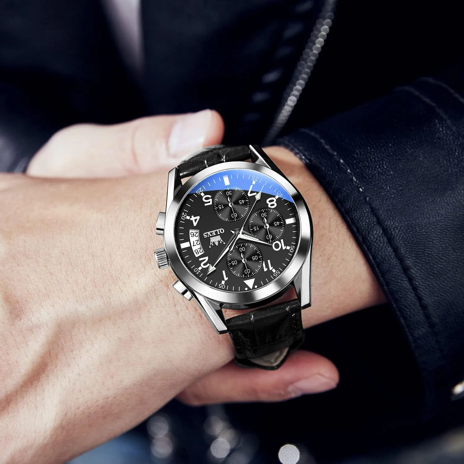 OLEVS Men's Casual Leather Watch, Big Face Chronograph Watch for Men, Fashion Easy to Read Dress Watch, Men's Waterproof Luminous Date Analog Watch, Gold/Black/White/Blue Dial