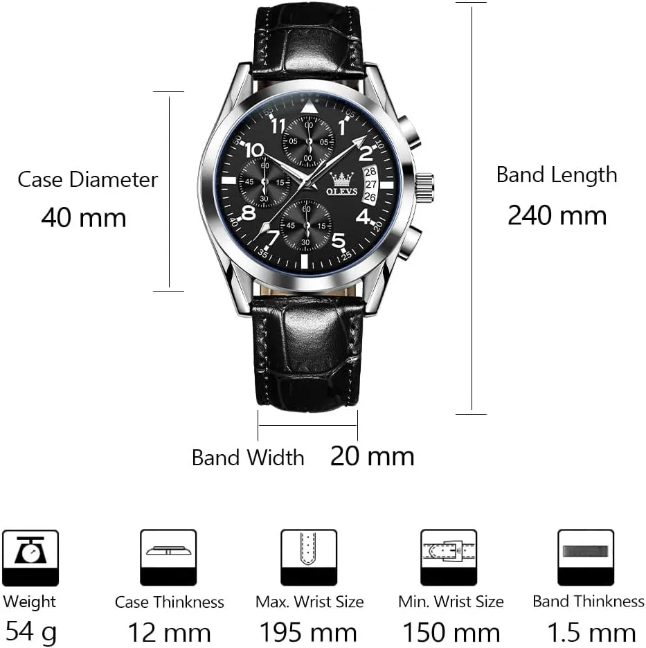 OLEVS Men's Casual Leather Watch, Big Face Chronograph Watch for Men, Fashion Easy to Read Dress Watch, Men's Waterproof Luminous Date Analog Watch, Gold/Black/White/Blue Dial