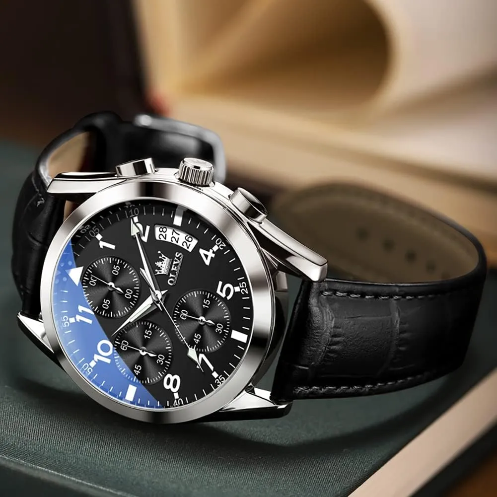 OLEVS Men's Casual Leather Watch, Big Face Chronograph Watch for Men, Fashion Easy to Read Dress Watch, Men's Waterproof Luminous Date Analog Watch, Gold/Black/White/Blue Dial