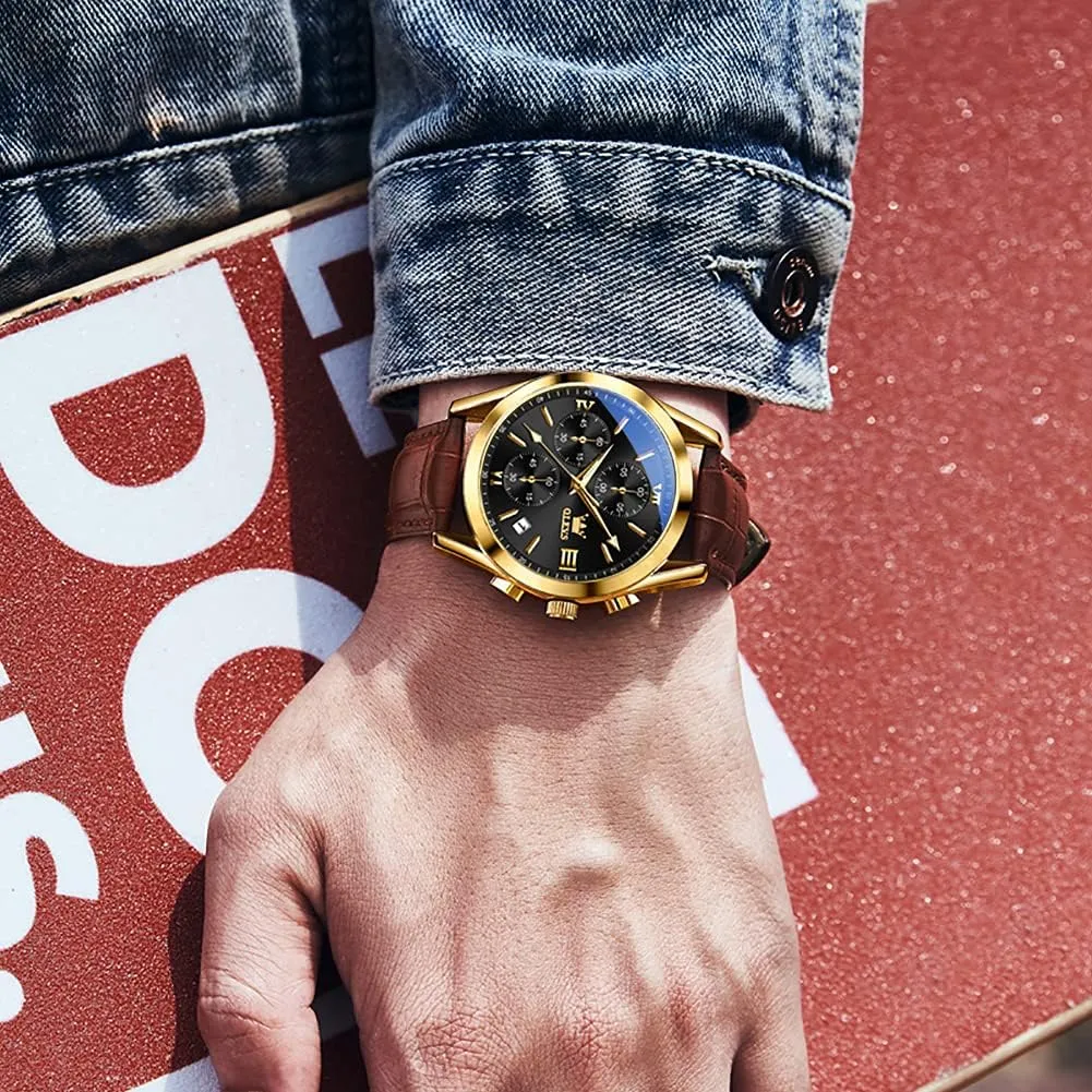 OLEVS Men's Casual Leather Watch, Big Face Chronograph Watch for Men, Fashion Easy to Read Dress Watch, Men's Waterproof Luminous Date Analog Watch, Gold/Black/White/Blue Dial