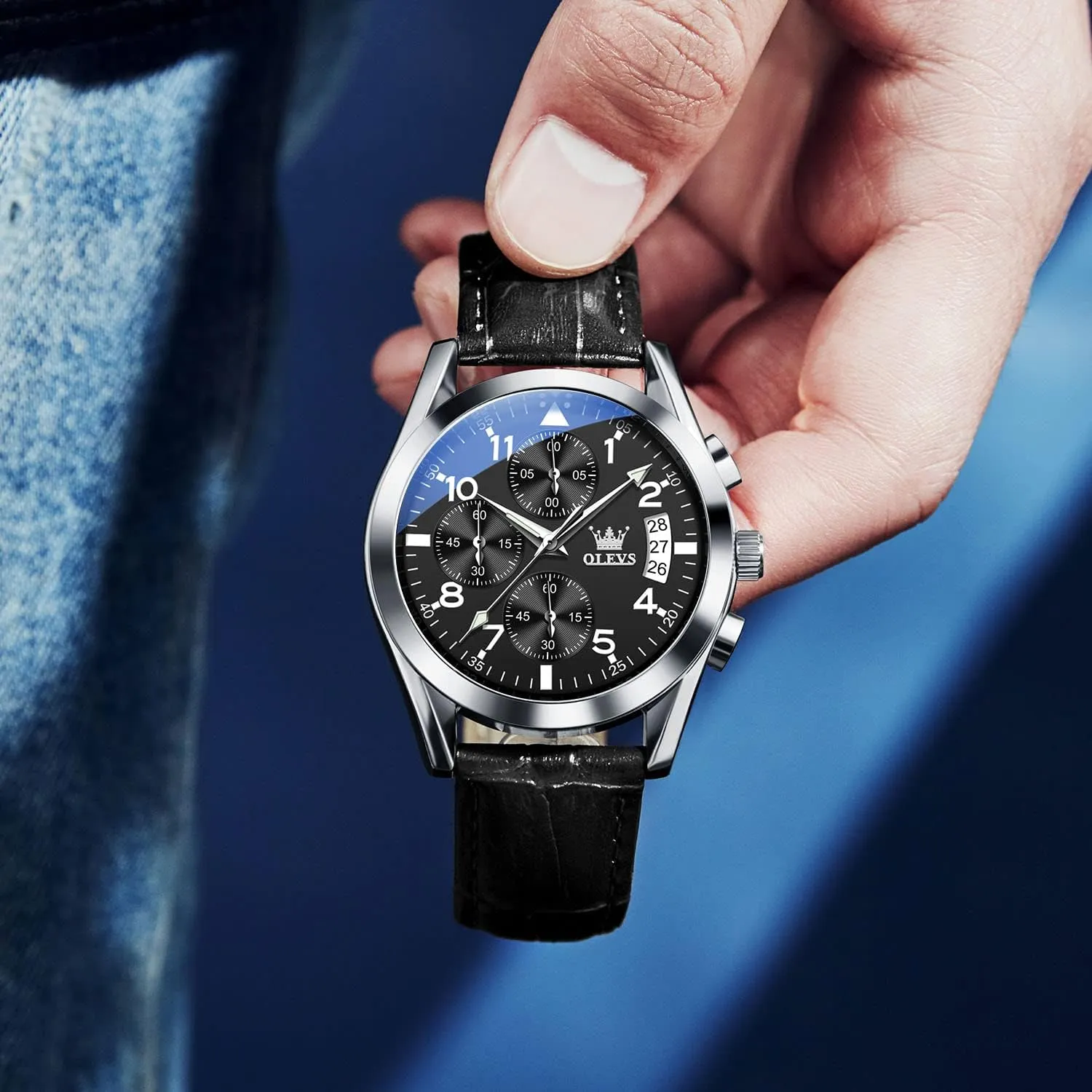 OLEVS Men's Casual Leather Watch, Big Face Chronograph Watch for Men, Fashion Easy to Read Dress Watch, Men's Waterproof Luminous Date Analog Watch, Gold/Black/White/Blue Dial
