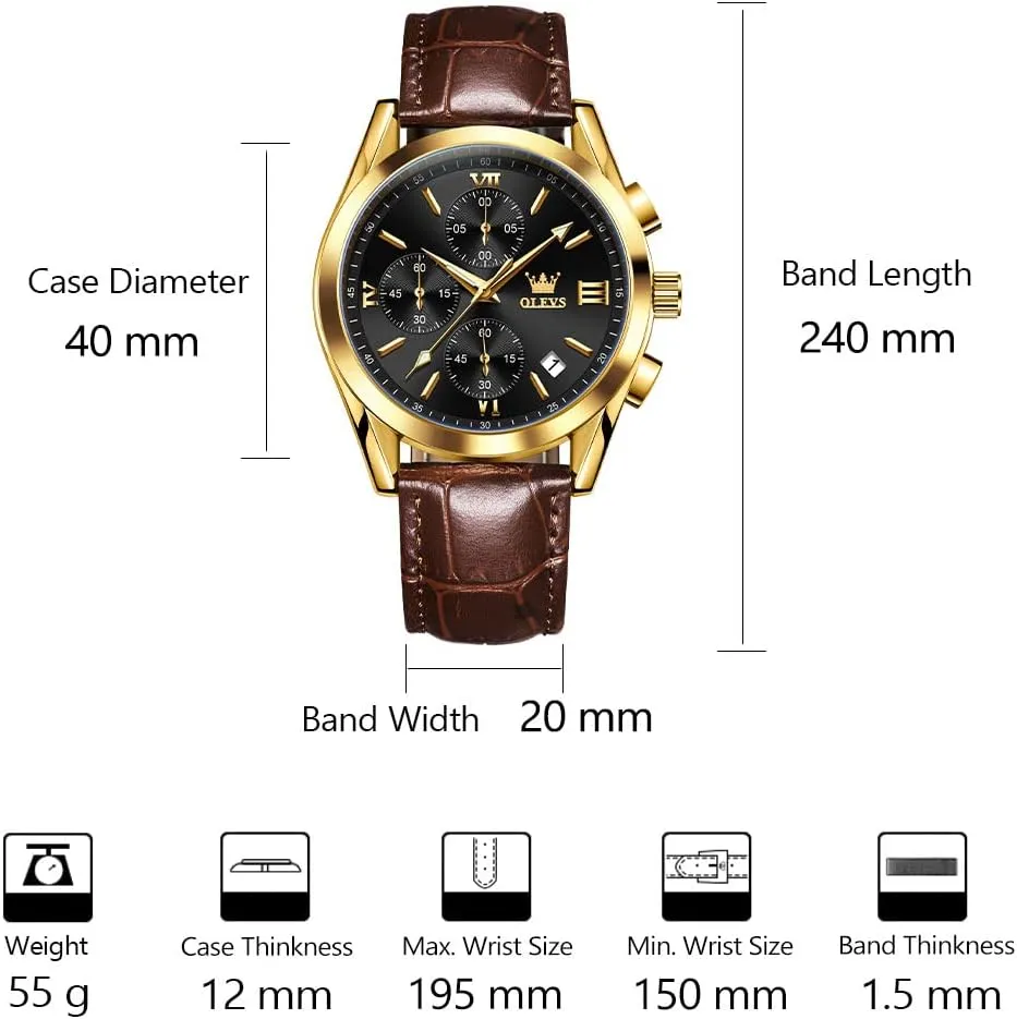 OLEVS Men's Casual Leather Watch, Big Face Chronograph Watch for Men, Fashion Easy to Read Dress Watch, Men's Waterproof Luminous Date Analog Watch, Gold/Black/White/Blue Dial