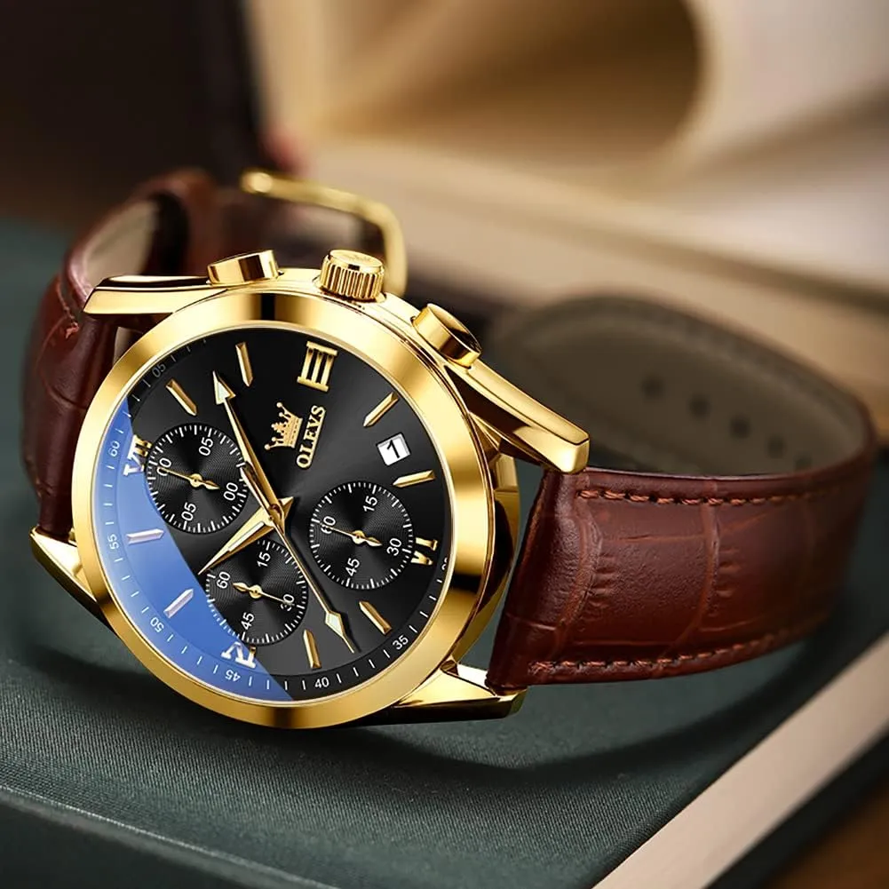 OLEVS Men's Casual Leather Watch, Big Face Chronograph Watch for Men, Fashion Easy to Read Dress Watch, Men's Waterproof Luminous Date Analog Watch, Gold/Black/White/Blue Dial