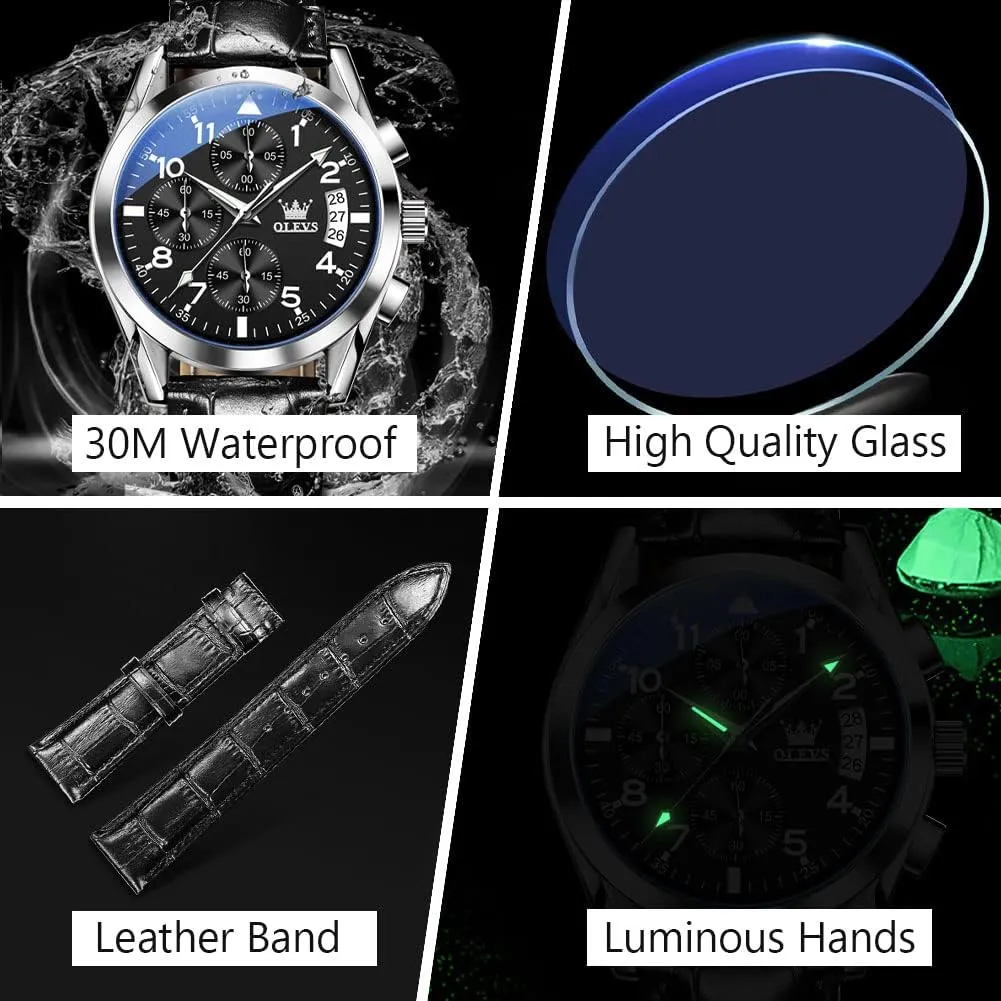 OLEVS Men's Casual Leather Watch, Big Face Chronograph Watch for Men, Fashion Easy to Read Dress Watch, Men's Waterproof Luminous Date Analog Watch, Gold/Black/White/Blue Dial