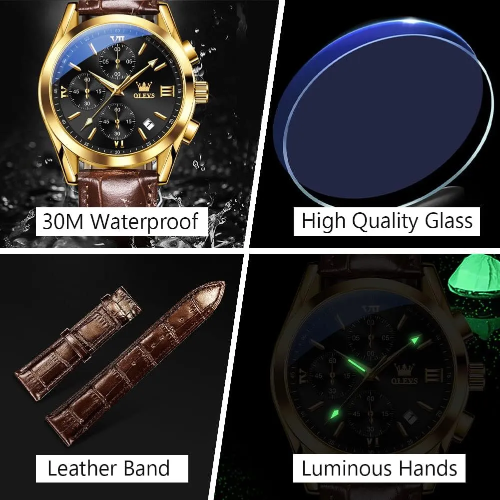 OLEVS Men's Casual Leather Watch, Big Face Chronograph Watch for Men, Fashion Easy to Read Dress Watch, Men's Waterproof Luminous Date Analog Watch, Gold/Black/White/Blue Dial