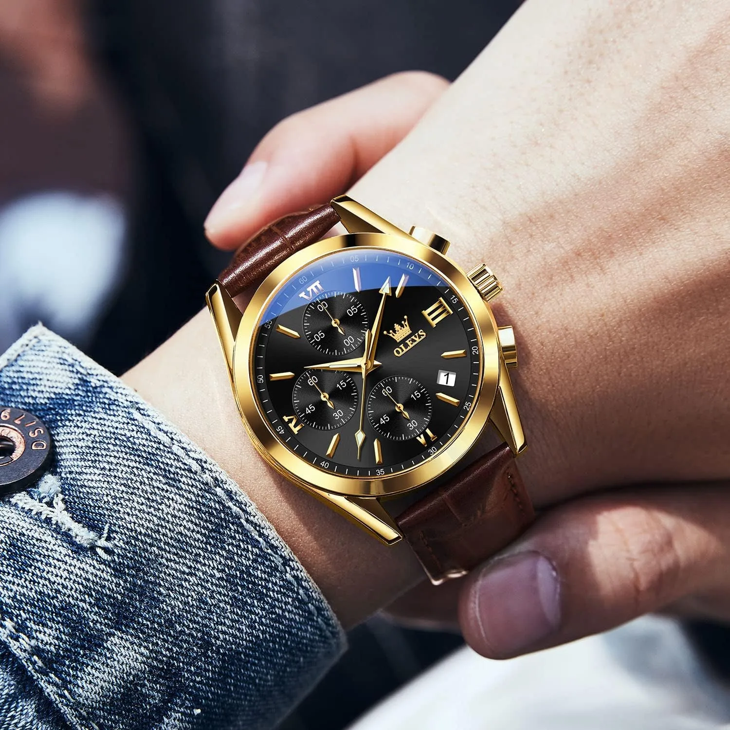 OLEVS Men's Casual Leather Watch, Big Face Chronograph Watch for Men, Fashion Easy to Read Dress Watch, Men's Waterproof Luminous Date Analog Watch, Gold/Black/White/Blue Dial