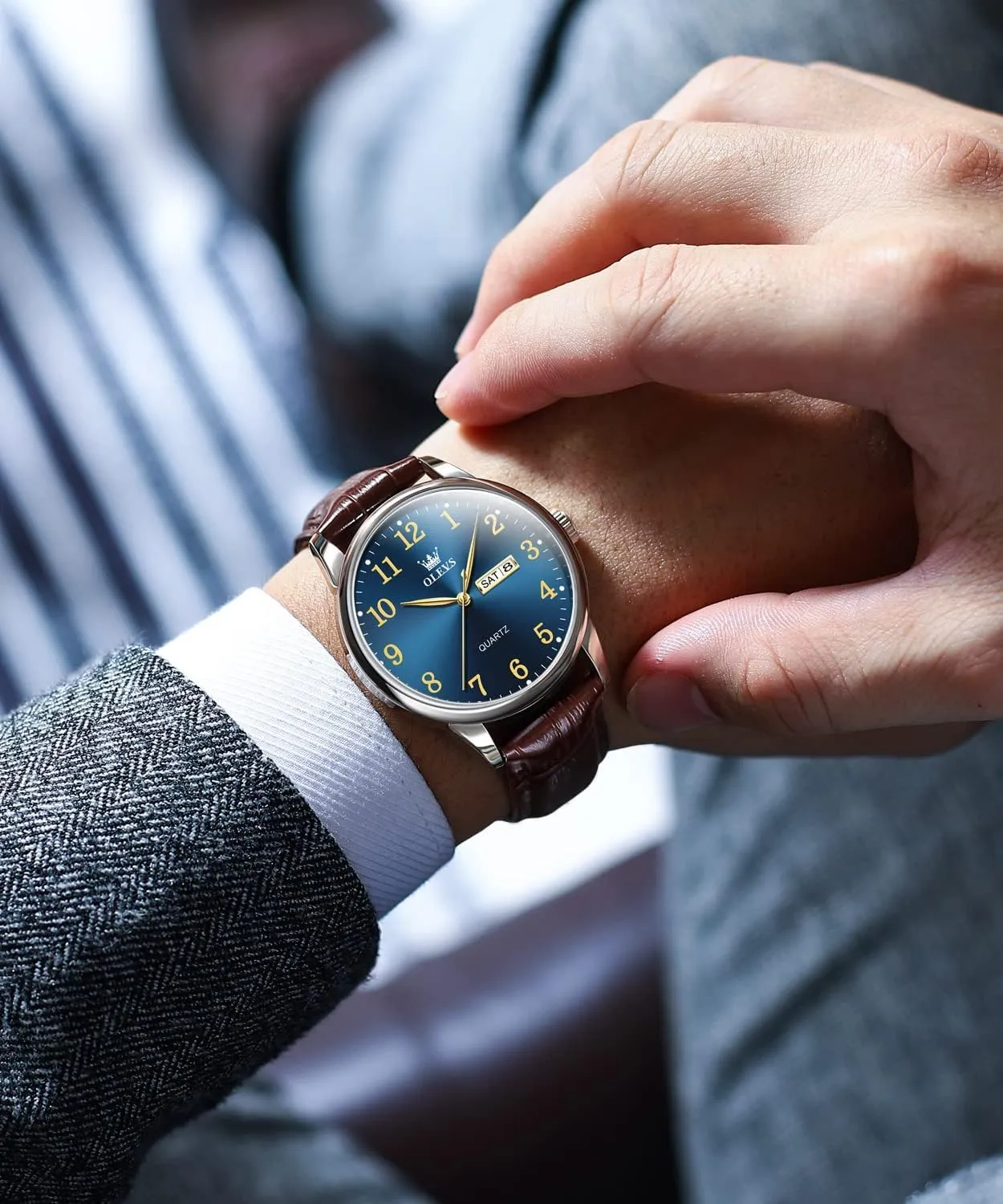 OLEVS Mens Watches with Leather Band Dress Vintage Classic Easy Reader Arabic Numerals Analog Quartz Waterproof Date and Day Blue/Black/White Large Face Men's Wrist Watches