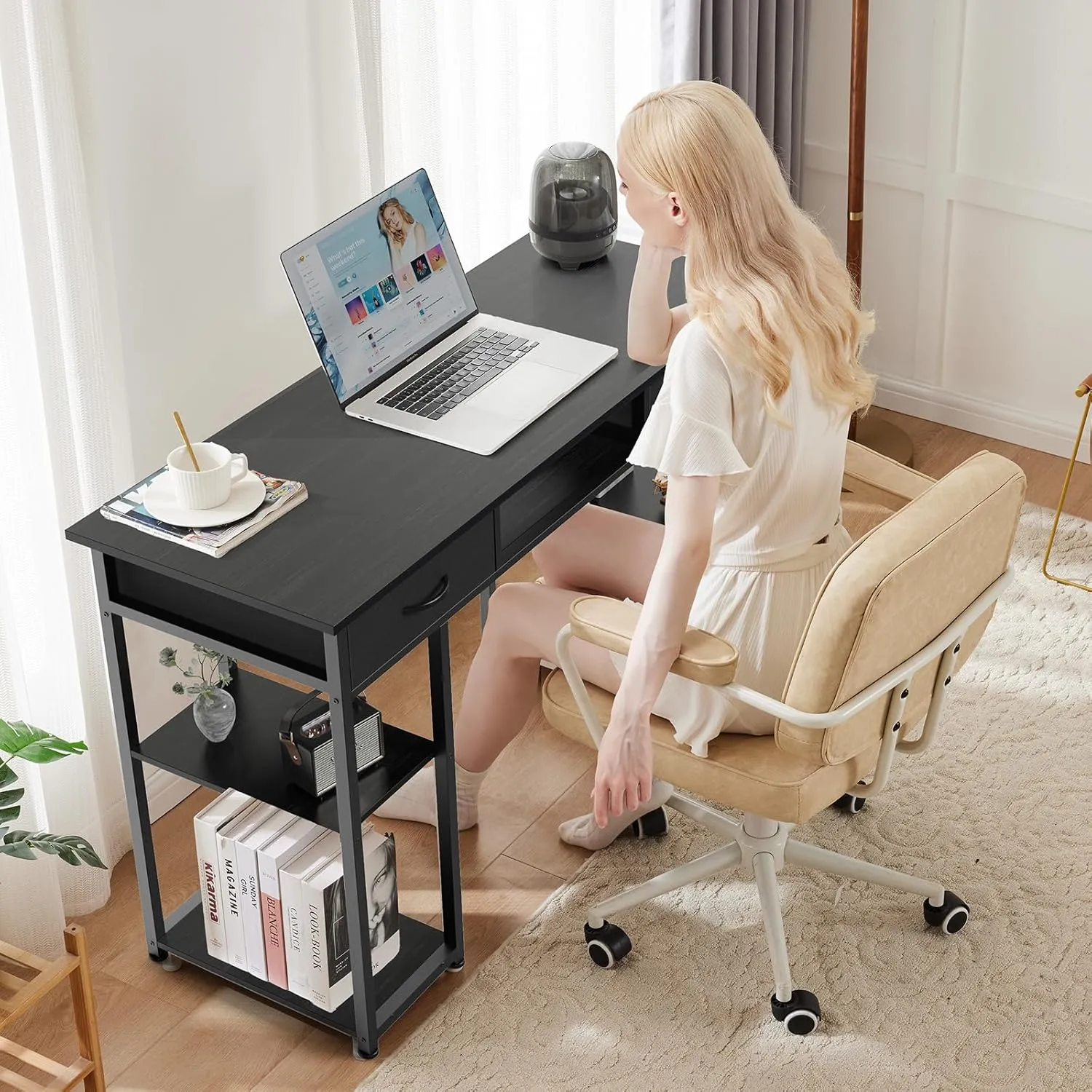 OLIXIS Computer Desk with 3 Drawers Study Writing Table with Storage Bag Headphone Hook Adjustable Feet for Home Office Small Spaces
