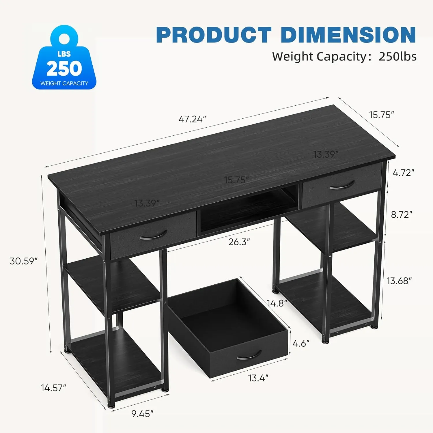 OLIXIS Computer Desk with 3 Drawers Study Writing Table with Storage Bag Headphone Hook Adjustable Feet for Home Office Small Spaces