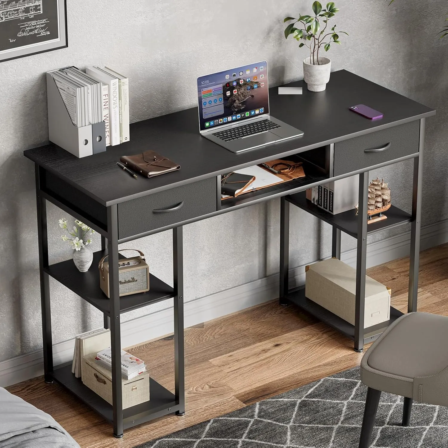 OLIXIS Computer Desk with 3 Drawers Study Writing Table with Storage Bag Headphone Hook Adjustable Feet for Home Office Small Spaces