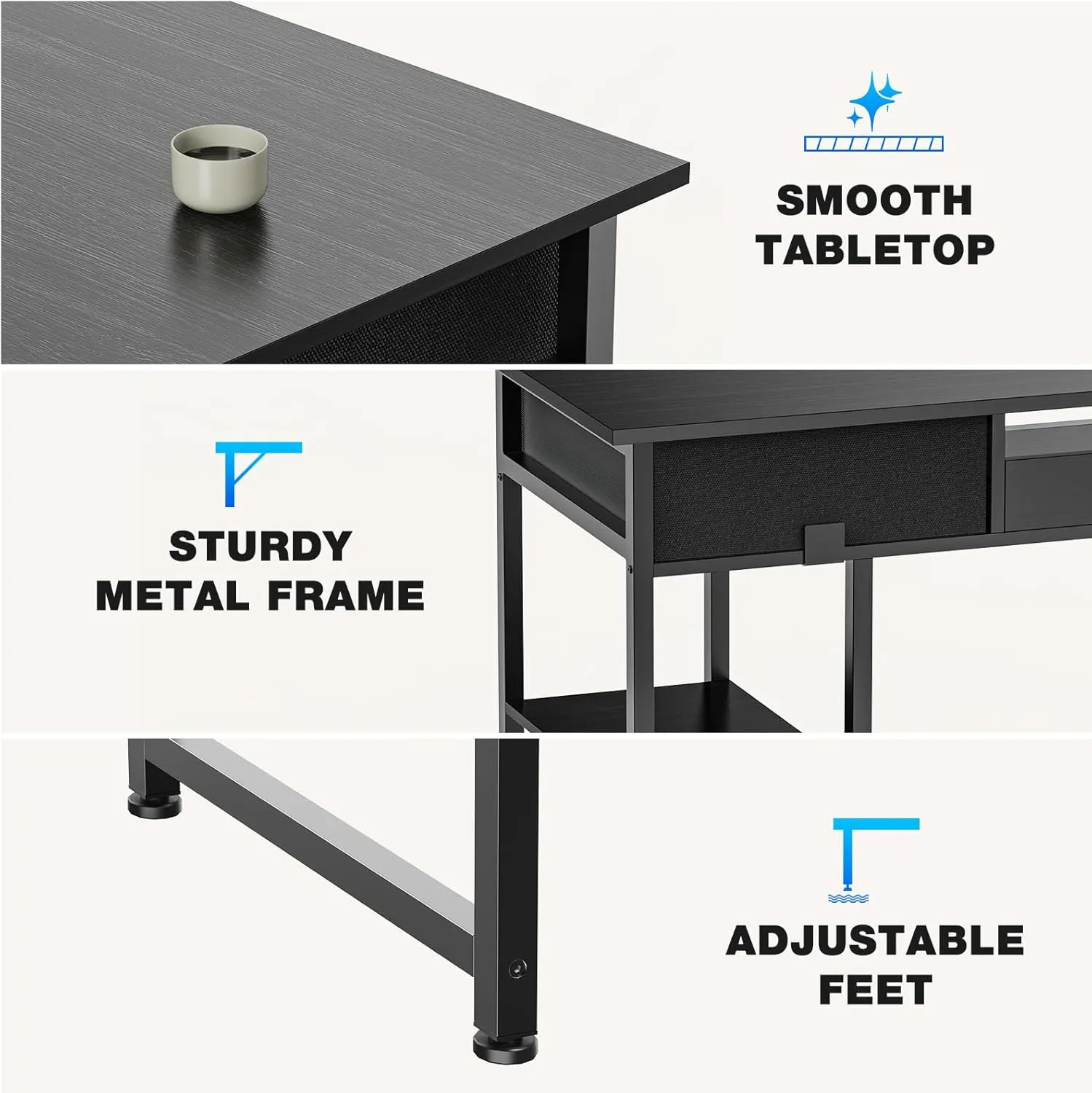 OLIXIS Computer Desk with 3 Drawers Study Writing Table with Storage Bag Headphone Hook Adjustable Feet for Home Office Small Spaces