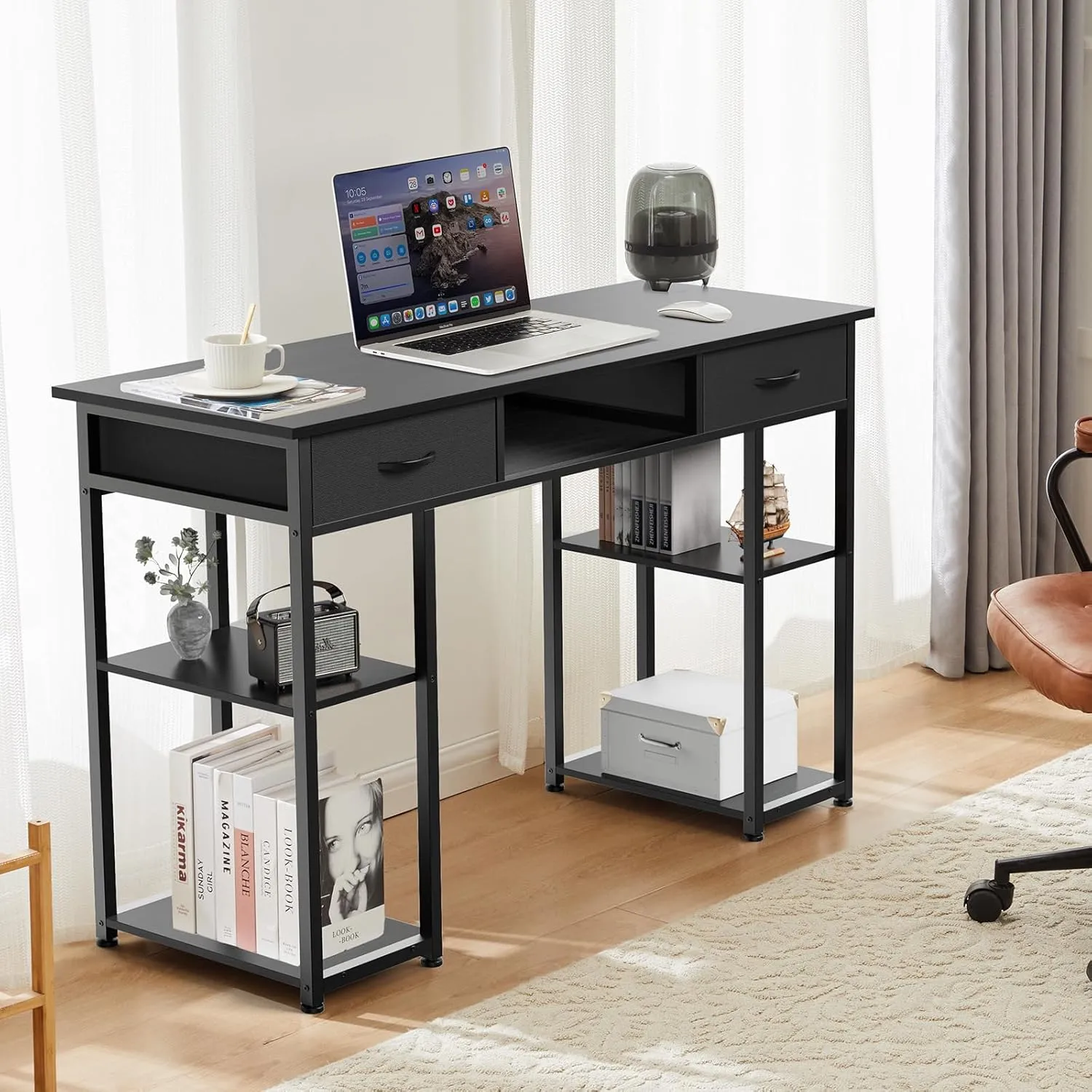 OLIXIS Computer Desk with 3 Drawers Study Writing Table with Storage Bag Headphone Hook Adjustable Feet for Home Office Small Spaces