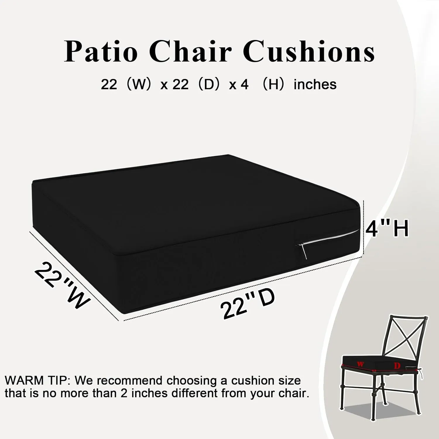Outdoor Chair Cushions Set of 2 for Patio Furniture 22x22x4 Inch Waterproof Patio Chair Cushion 3 Year Color Fastness Square Elastic Foam Garden Couch Pads with Ties and Handle,Black