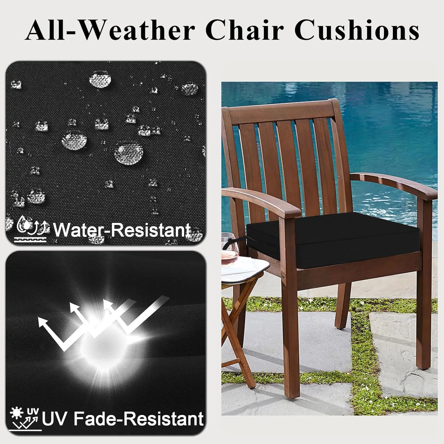 Outdoor Chair Cushions Set of 2 for Patio Furniture 22x22x4 Inch Waterproof Patio Chair Cushion 3 Year Color Fastness Square Elastic Foam Garden Couch Pads with Ties and Handle,Black