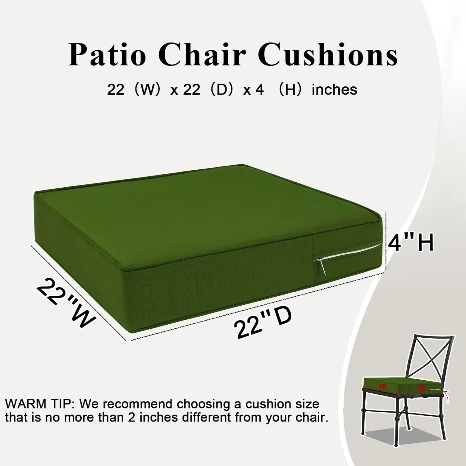 Outdoor Chair Cushions Set of 2 for Patio Furniture 22x22x4 Inch Waterproof Patio Chair Cushion 3 Year Color Fastness Square Elastic Foam Garden Couch Pads with Ties and Handle,Green