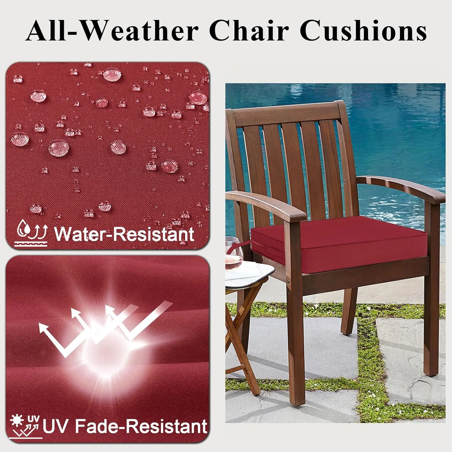 Outdoor Chair Cushions Set of 2 for Patio Furniture 22x22x4 Inch Waterproof Patio Chair Cushion 3 Year Color Fastness Square Elastic Foam Garden Couch Pads with Ties and Handle,Red