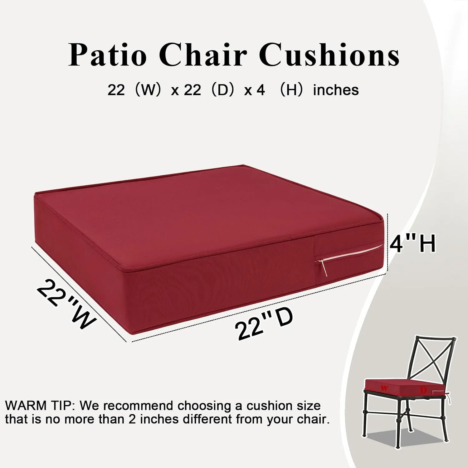 Outdoor Chair Cushions Set of 2 for Patio Furniture 22x22x4 Inch Waterproof Patio Chair Cushion 3 Year Color Fastness Square Elastic Foam Garden Couch Pads with Ties and Handle,Red