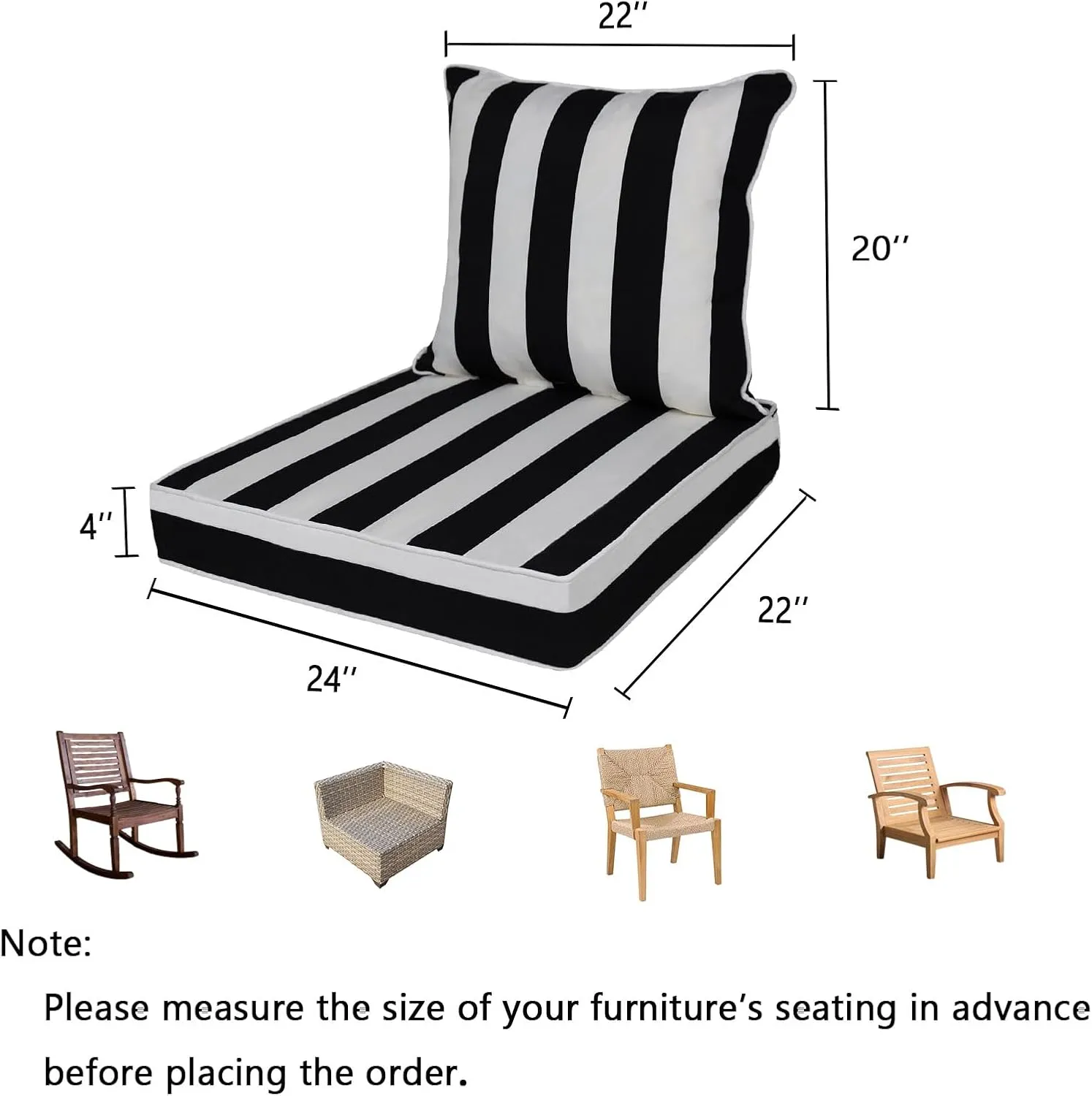 Outdoor Deep Seat Cushion Set, Deep Patio Chair Cushions, Outdoor Seat Cushions for Patio Furniture, 22 x 24, Replacement Outdoor Couch Cushion for Sofa, Rain-Proof, Fade Resistant