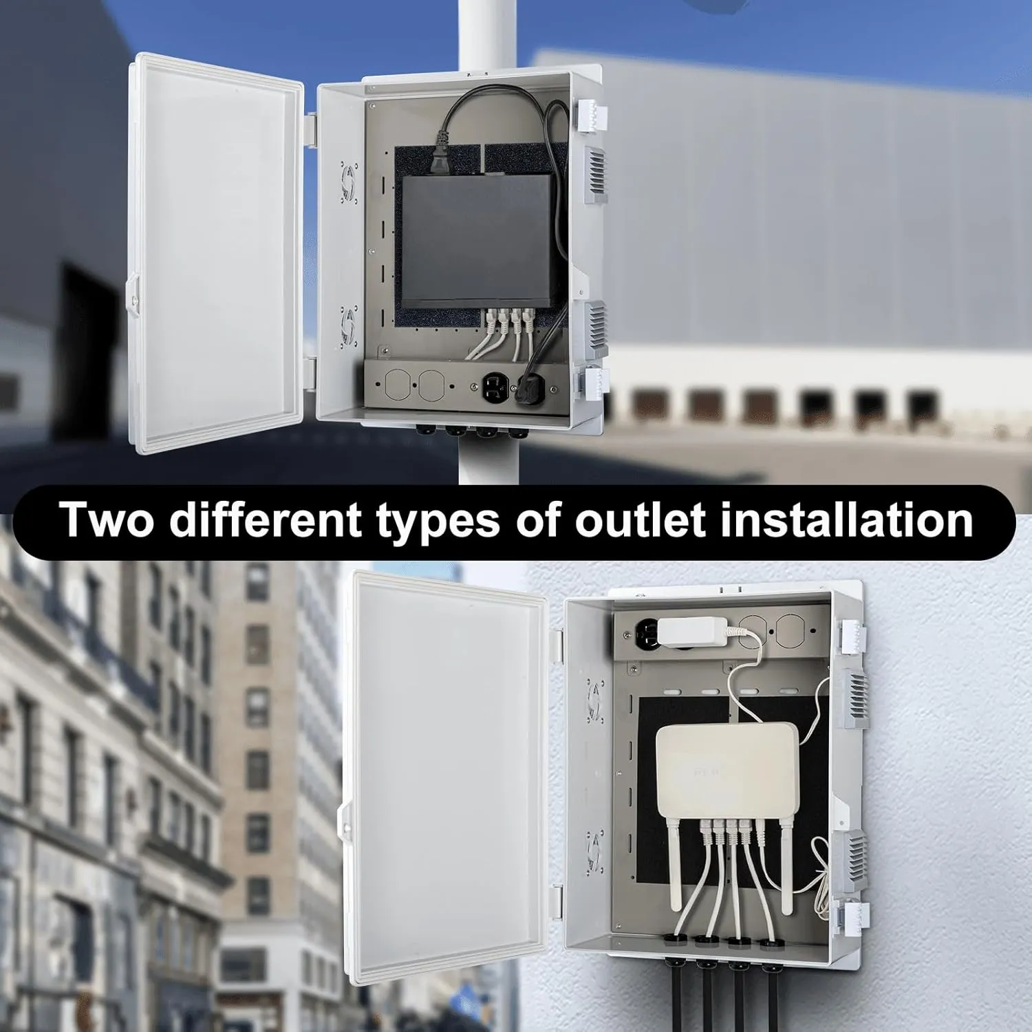 Outdoor Electrical Junction Box with High Power Outlet, 16" H* 12" L* 5.9" W, ABS Water Resistant Enclosure with Internal Mounting Panel & Hinged Cover.