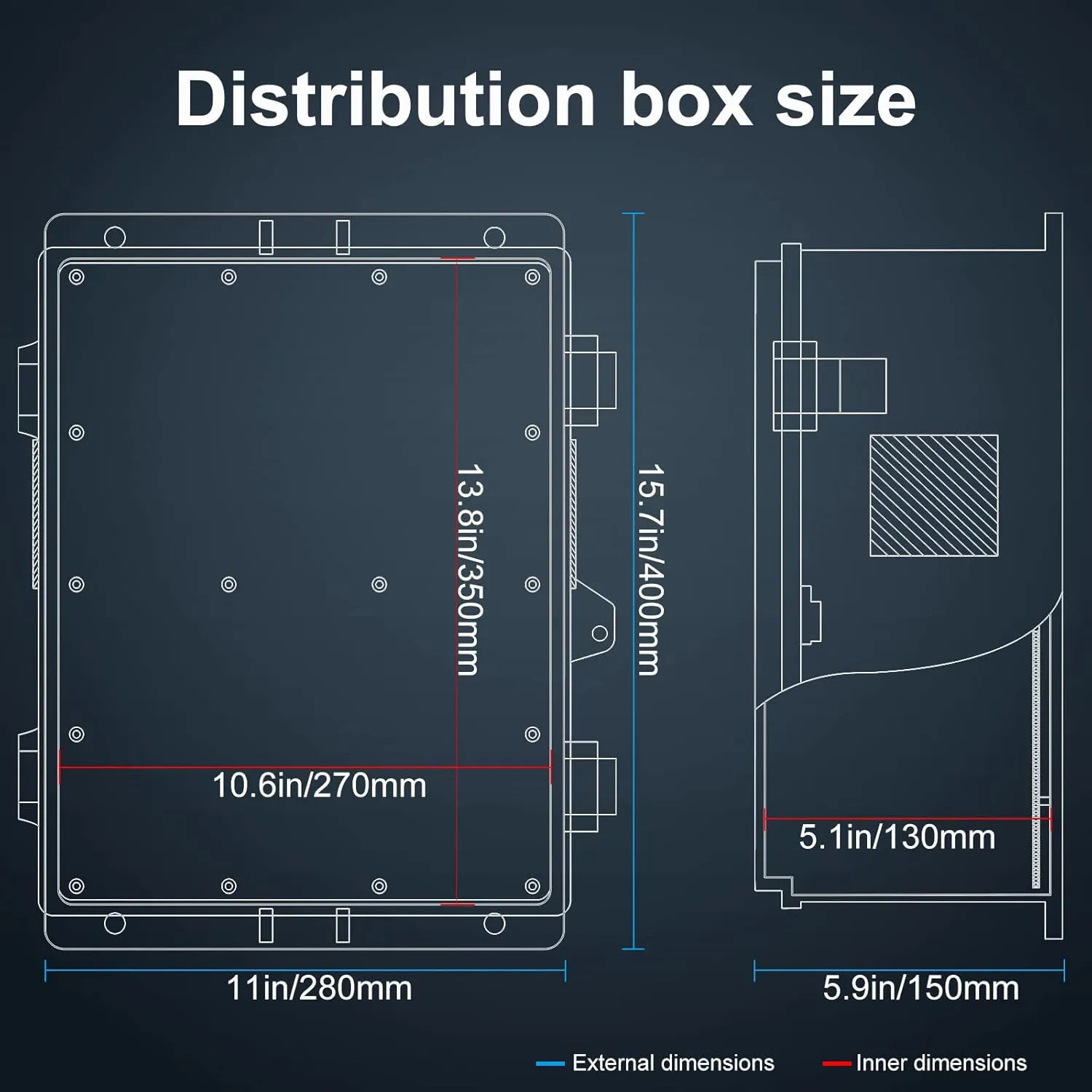 Outdoor Electrical Junction Box with High Power Outlet, 16" H* 12" L* 5.9" W, ABS Water Resistant Enclosure with Internal Mounting Panel & Hinged Cover.