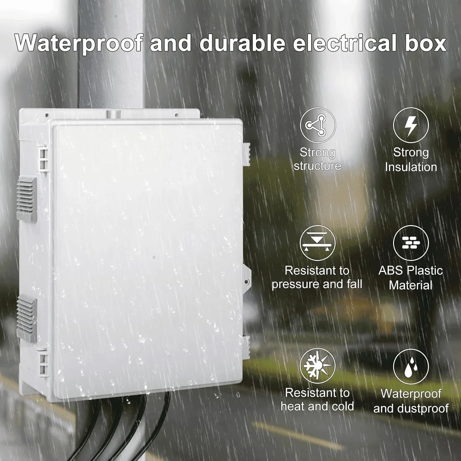 Outdoor Electrical Junction Box with High Power Outlet, 16" H* 12" L* 5.9" W, ABS Water Resistant Enclosure with Internal Mounting Panel & Hinged Cover.