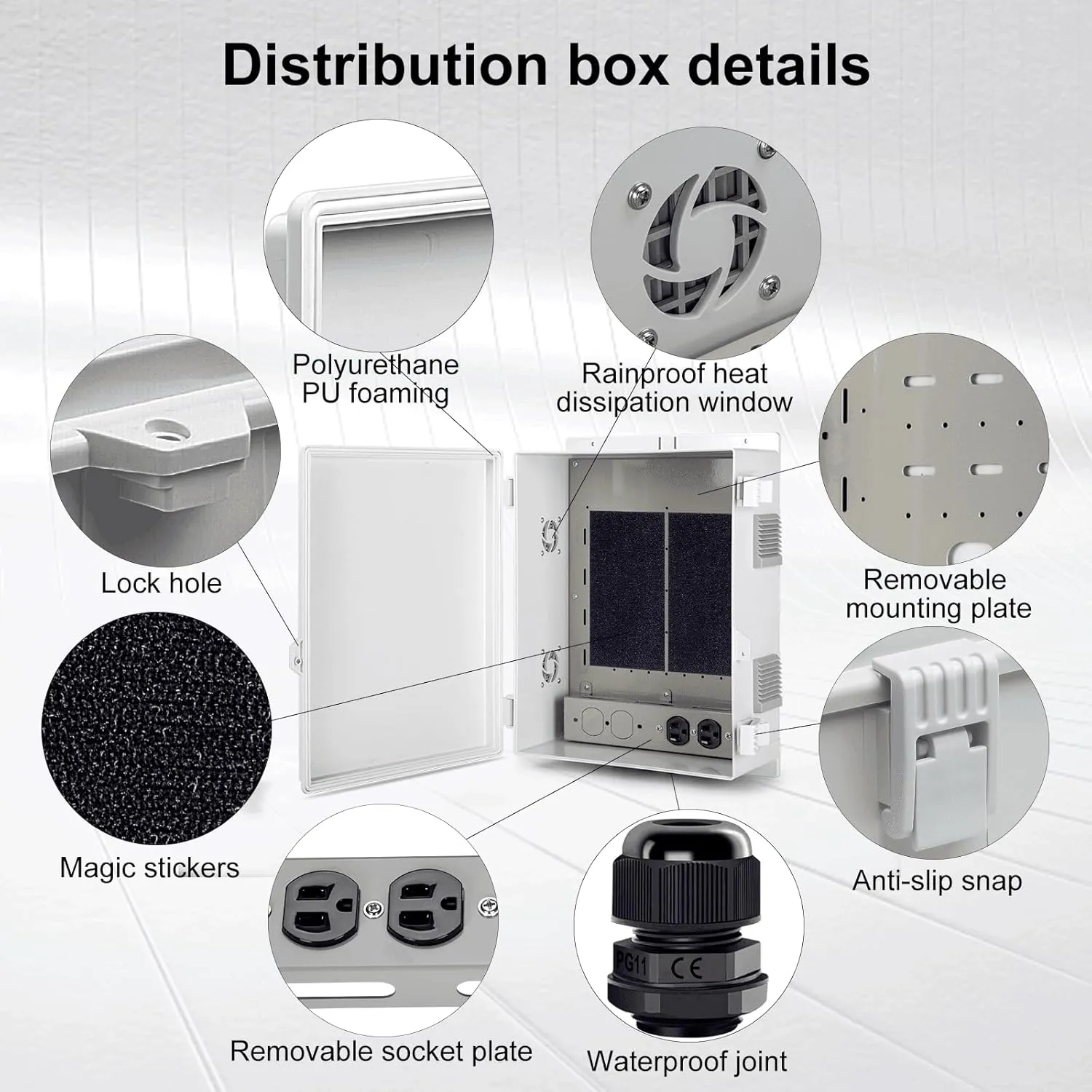 Outdoor Electrical Junction Box with High Power Outlet, 16" H* 12" L* 5.9" W, ABS Water Resistant Enclosure with Internal Mounting Panel & Hinged Cover.