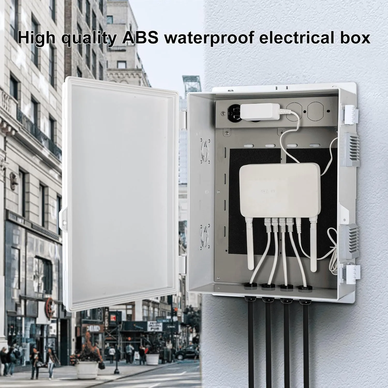Outdoor Electrical Junction Box with High Power Outlet, 16" H* 12" L* 5.9" W, ABS Water Resistant Enclosure with Internal Mounting Panel & Hinged Cover.