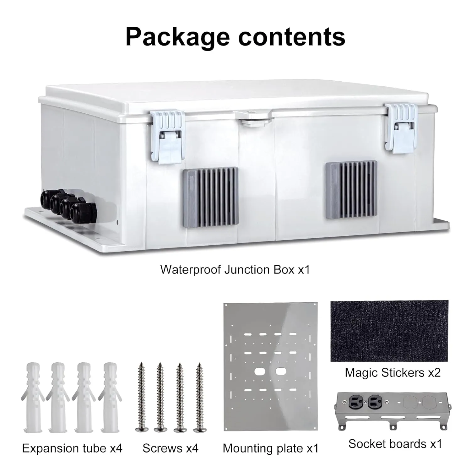 Outdoor Electrical Junction Box with High Power Outlet, 16" H* 12" L* 5.9" W, ABS Water Resistant Enclosure with Internal Mounting Panel & Hinged Cover.