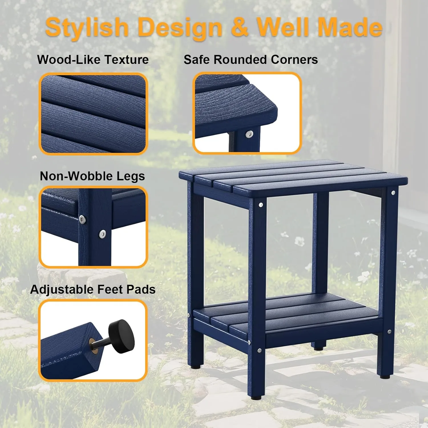 Outdoor Side Table, 17.7-Inch Small Patio Side Table with Adjustable Feet, All-Weather HDPE Adirondack Table for Porch Deck Balcony Pool, Easy Maintenance, Navy Blue