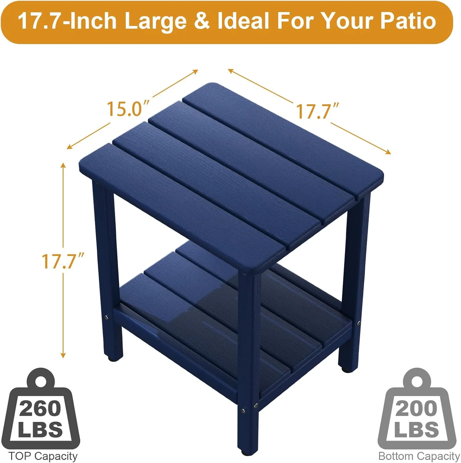 Outdoor Side Table, 17.7-Inch Small Patio Side Table with Adjustable Feet, All-Weather HDPE Adirondack Table for Porch Deck Balcony Pool, Easy Maintenance, Navy Blue