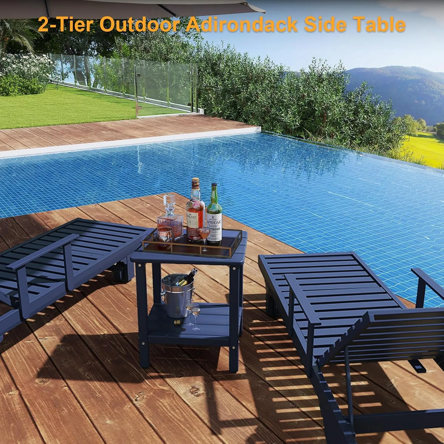 Outdoor Side Table, 17.7-Inch Small Patio Side Table with Adjustable Feet, All-Weather HDPE Adirondack Table for Porch Deck Balcony Pool, Easy Maintenance, Navy Blue