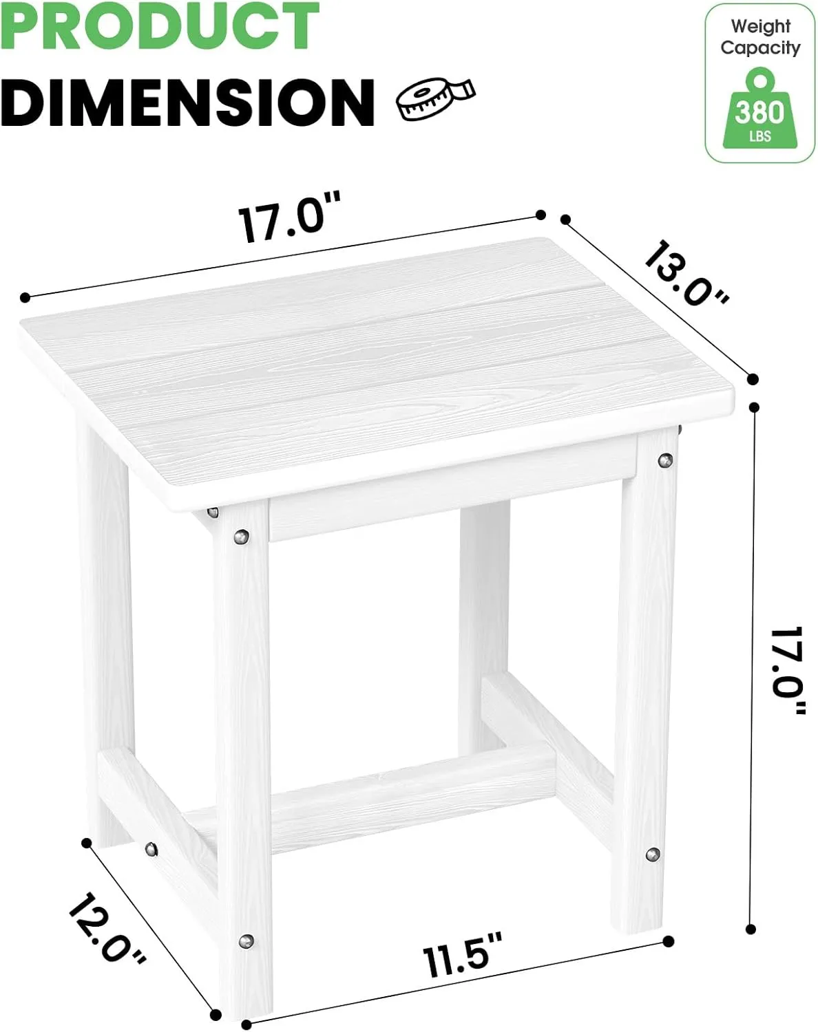 Outdoor Side Table – 17" HDPE Adirondack Side Table,Sturdy Small Outdoor Side Table Porch Table,Weather-Resistant & Easy Assembly Patio End Table for Garden, Balcony, Porch & Poolside (White)