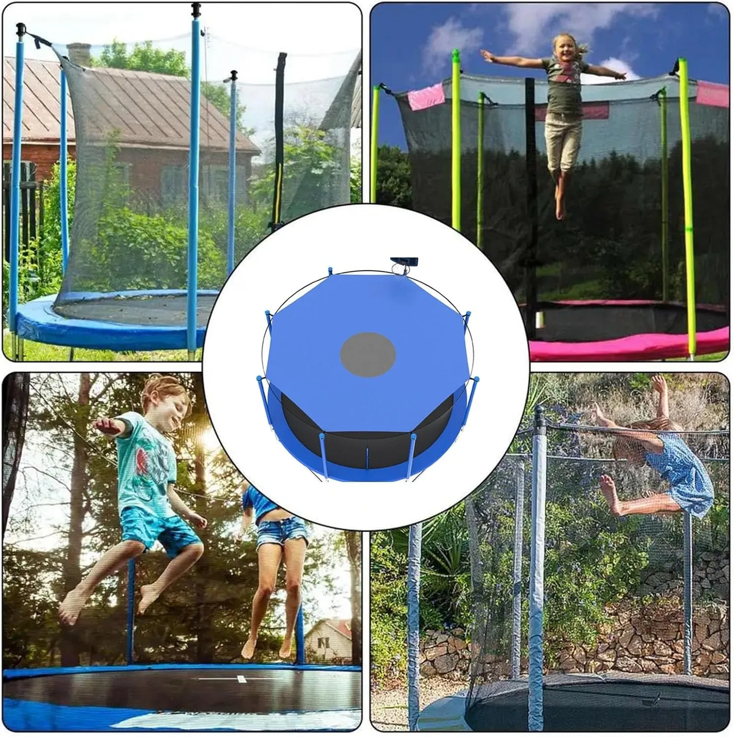 Outdoor Trampoline Cover Trampoline Tent Cover - Trampoline Canopy Awning Sunscreen Rainproof Trampoline Shade Cover for Outdoor Backyard Playground(Blue,12ft-6 Poles)