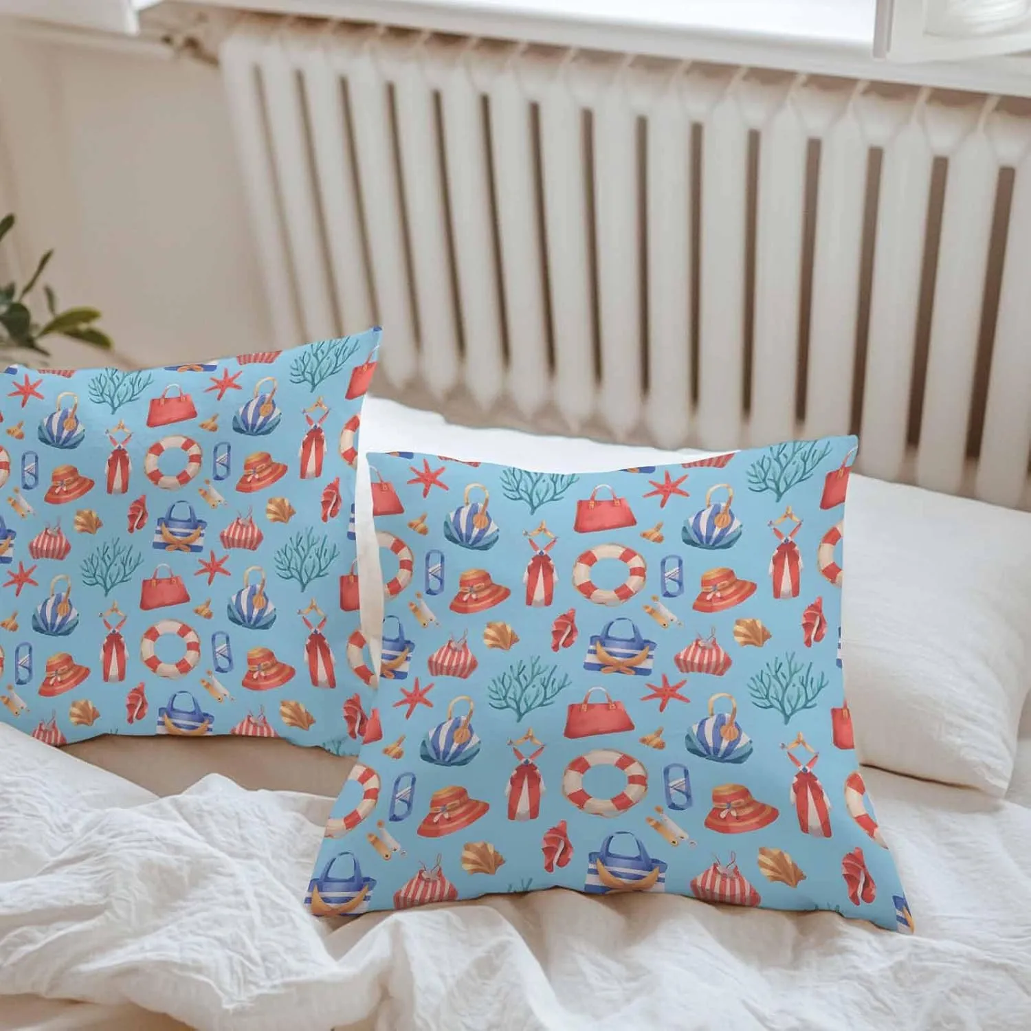 Outdoor Waterproof Throw Pillow Covers Set of 2 Summer Coral Starfish Decorative Pillowcases Square Outdoor Pillows Cushion Case 16x16 Inch Blue Bag Hat Patio Pillows for Couch Sofa Bed Garden